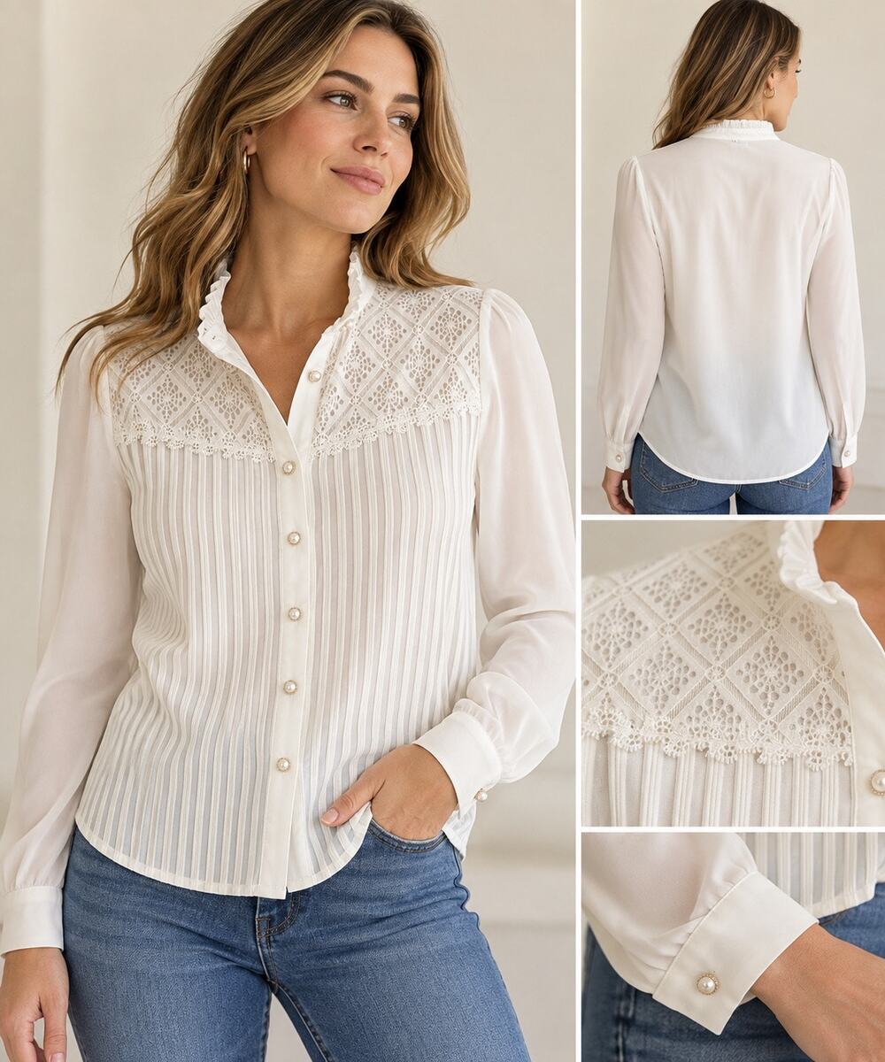 White Victorian-style Lace Chiffon Blouse Size 8 NWT
